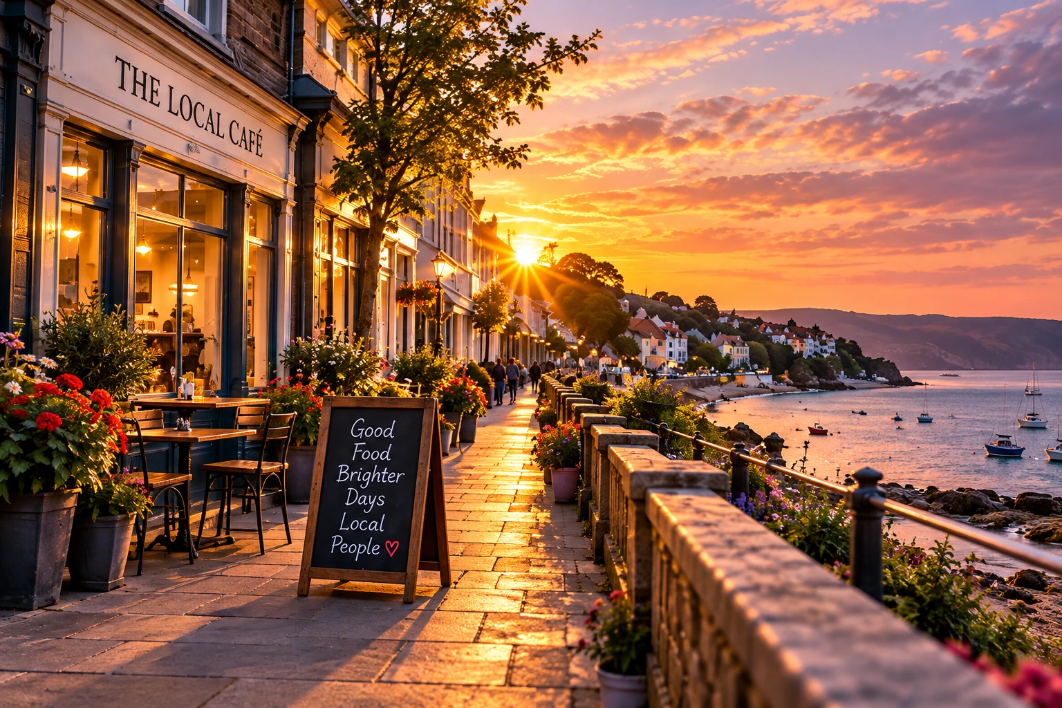 Independent seaside café in the warm evening light