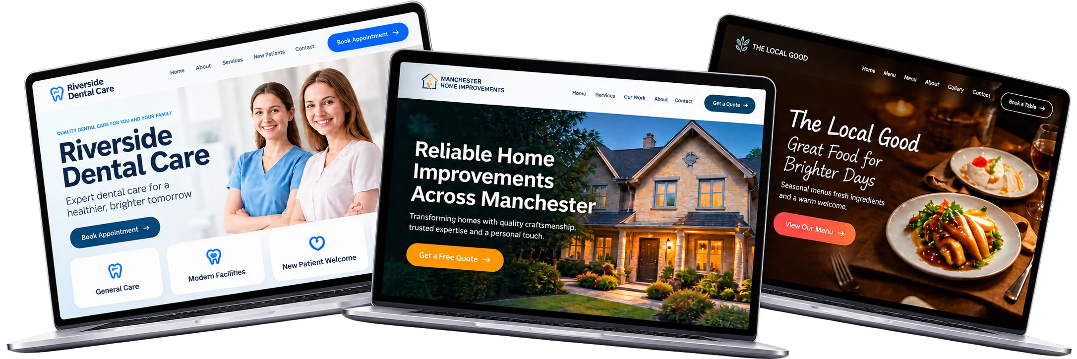 Website concepts for Riverside Dental Care, a home improvement business and The Local Café